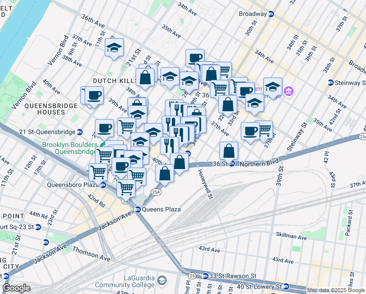 map of restaurants, bars, coffee shops, grocery stores, and more near 38-28 30th Street in Queens
