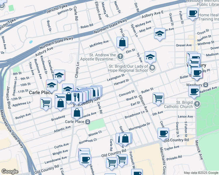 map of restaurants, bars, coffee shops, grocery stores, and more near 92 Harvard Street in Westbury