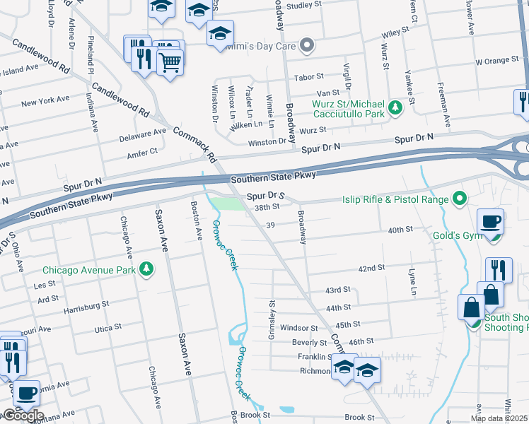 map of restaurants, bars, coffee shops, grocery stores, and more near 50 38th Street in Islip