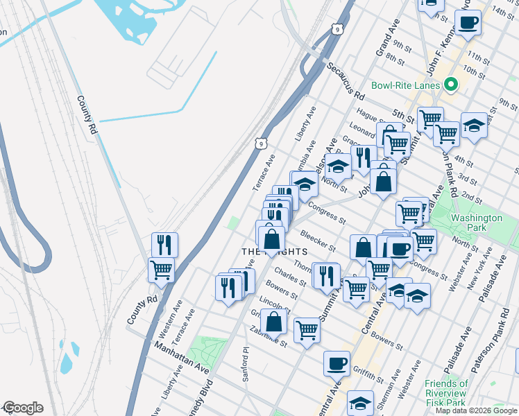 map of restaurants, bars, coffee shops, grocery stores, and more near 212 Terrace Avenue in Jersey City
