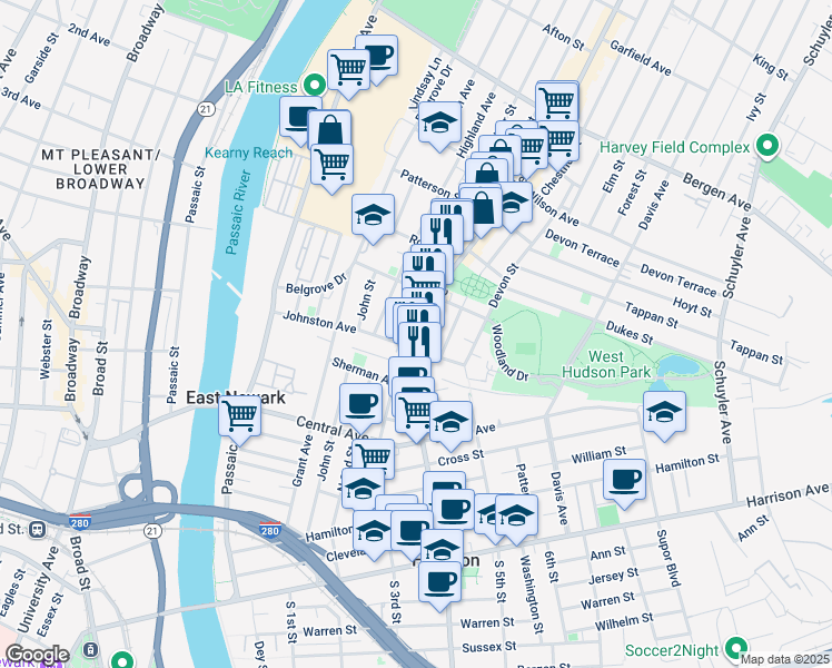 map of restaurants, bars, coffee shops, grocery stores, and more near 17 Kearny Avenue in Kearny