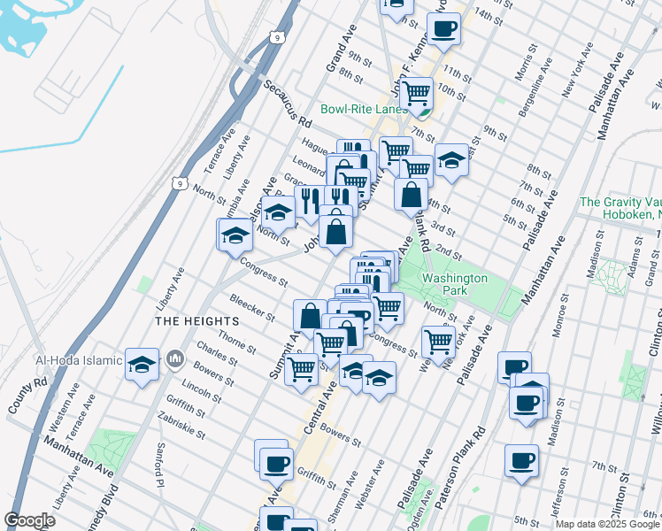 map of restaurants, bars, coffee shops, grocery stores, and more near Summit Avenue & North Street in Jersey City