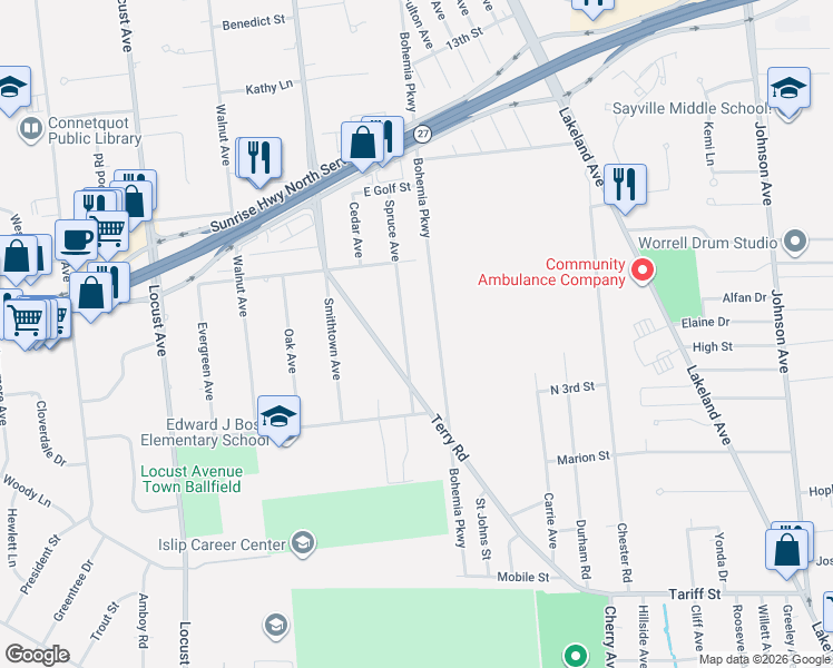 map of restaurants, bars, coffee shops, grocery stores, and more near 668 Bohemia Parkway in Sayville