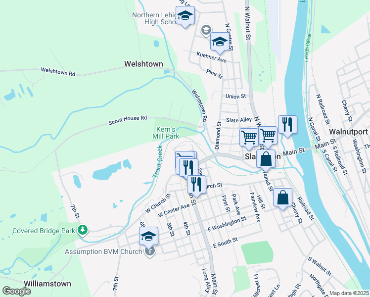 map of restaurants, bars, coffee shops, grocery stores, and more near 34 North Street in Slatington