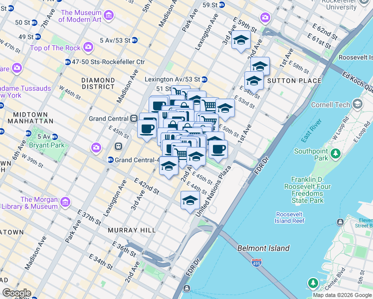 map of restaurants, bars, coffee shops, grocery stores, and more near 224 East 47th Street in New York