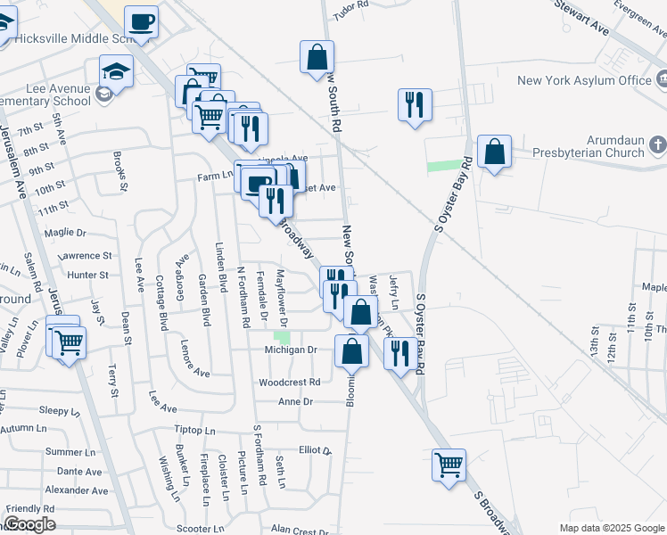 map of restaurants, bars, coffee shops, grocery stores, and more near 595 South Broadway in Hicksville