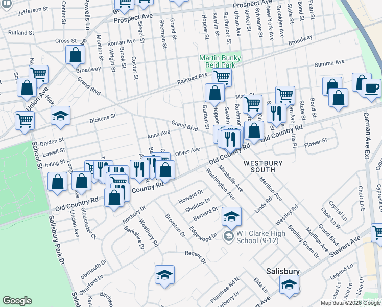 map of restaurants, bars, coffee shops, grocery stores, and more near 813 Oliver Avenue in Westbury