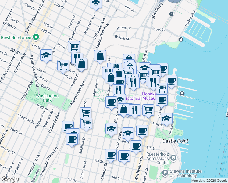 map of restaurants, bars, coffee shops, grocery stores, and more near 1300 Grand Street in Hoboken