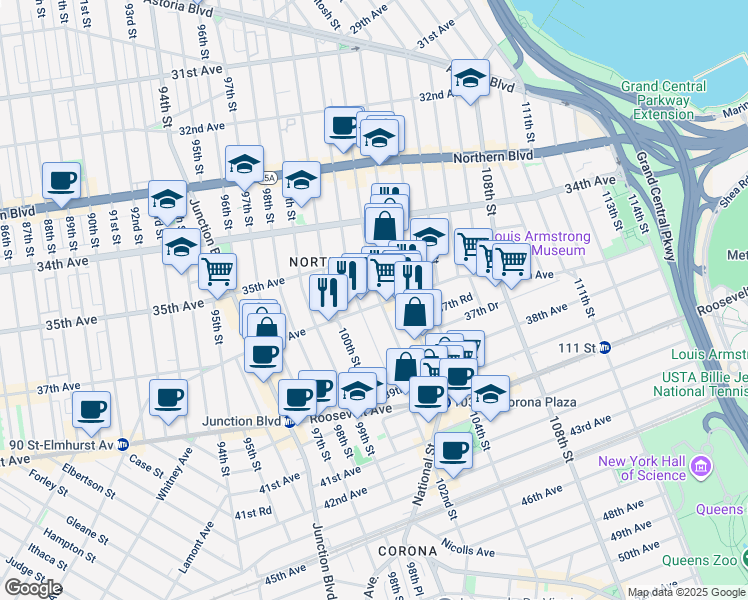 map of restaurants, bars, coffee shops, grocery stores, and more near 35-34 102nd Street in Queens
