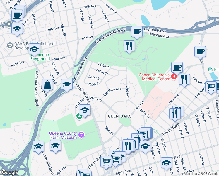 map of restaurants, bars, coffee shops, grocery stores, and more near 261-25 Langston Avenue in Queens