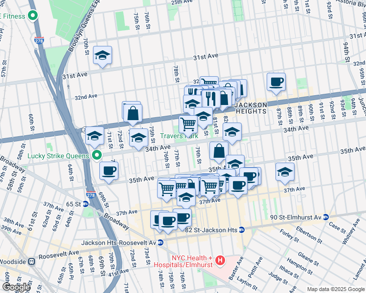 map of restaurants, bars, coffee shops, grocery stores, and more near 78-1 34th Avenue in Queens