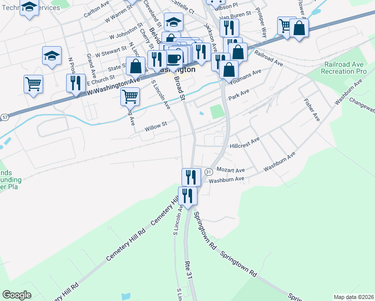 map of restaurants, bars, coffee shops, grocery stores, and more near 134 South Lincoln Avenue in Washington