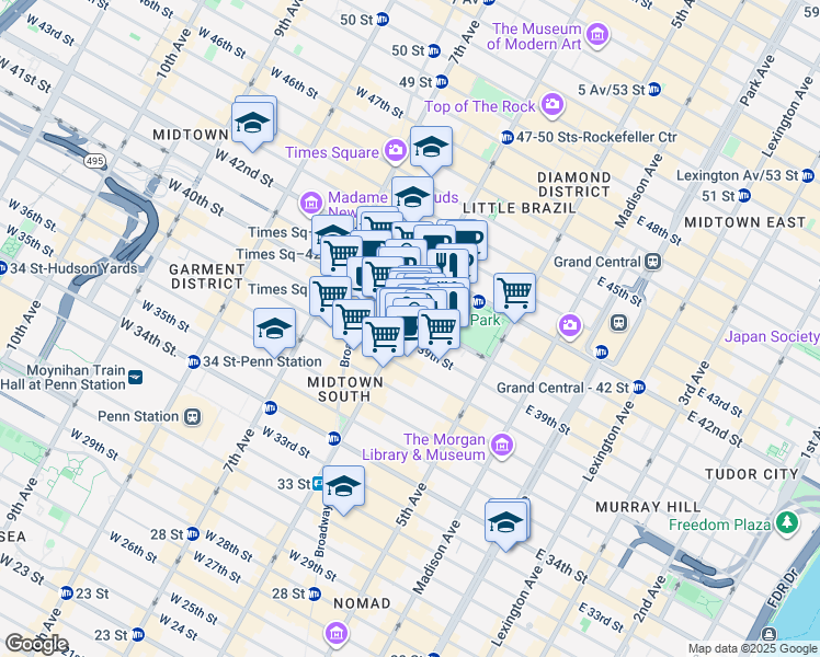 map of restaurants, bars, coffee shops, grocery stores, and more near 1050 6th Avenue in New York