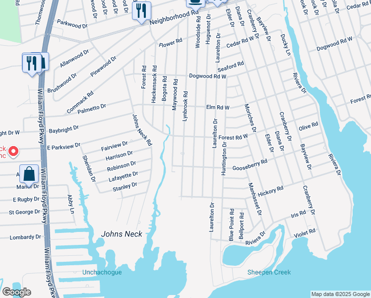 map of restaurants, bars, coffee shops, grocery stores, and more near 105 Lynbrook Drive in Mastic Beach