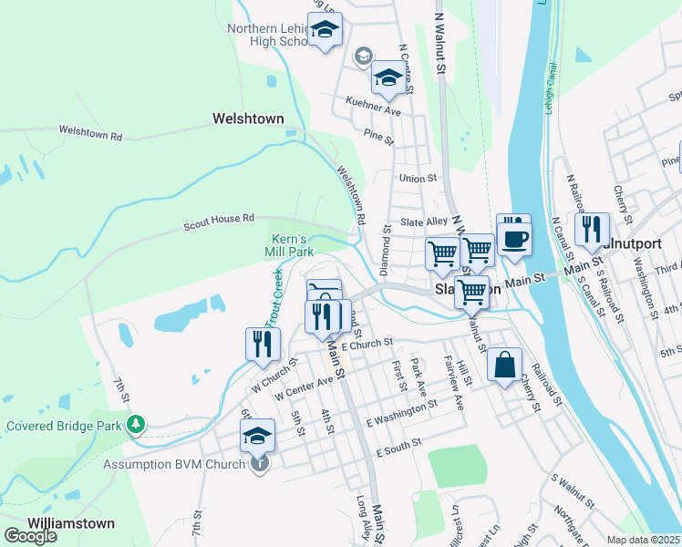 map of restaurants, bars, coffee shops, grocery stores, and more near 104 North 2nd Street in Slatington