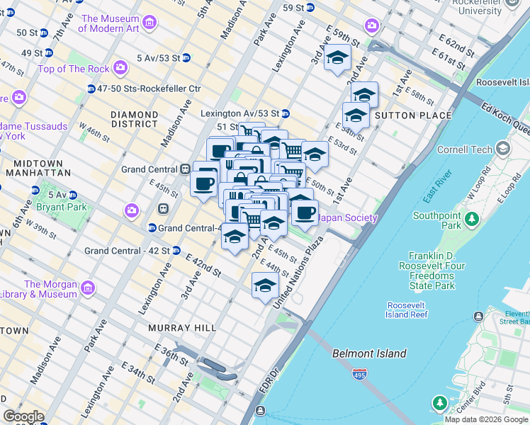 map of restaurants, bars, coffee shops, grocery stores, and more near 236 East 47th Street in New York