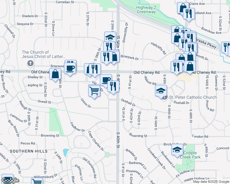 map of restaurants, bars, coffee shops, grocery stores, and more near 3930 Village Lane in Lincoln