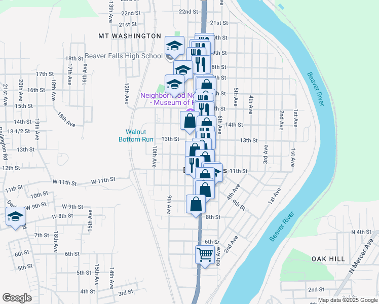 map of restaurants, bars, coffee shops, grocery stores, and more near 71 Darlington Road in Beaver Falls