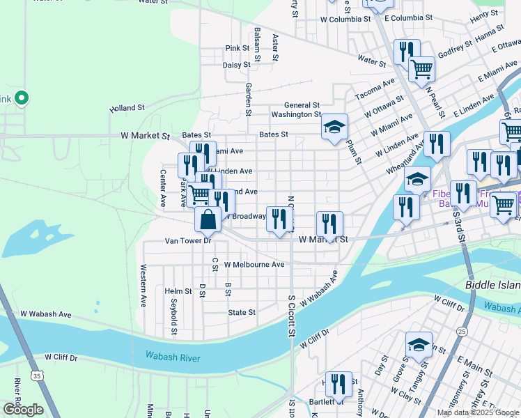 map of restaurants, bars, coffee shops, grocery stores, and more near 717 Wheatland Avenue in Logansport