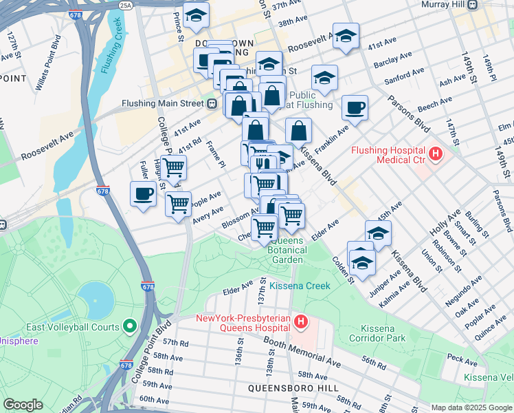map of restaurants, bars, coffee shops, grocery stores, and more near 134-33 Blossom Avenue in Queens