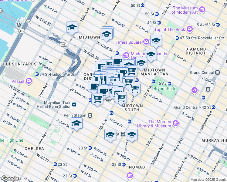 map of restaurants, bars, coffee shops, grocery stores, and more near 227 West 37th Street in New York