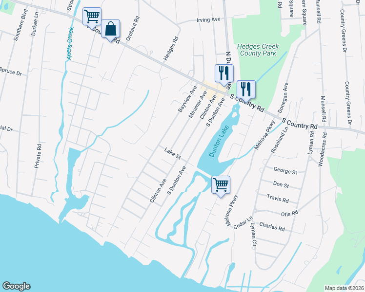 map of restaurants, bars, coffee shops, grocery stores, and more near 104 South Dunton Avenue in East Patchogue