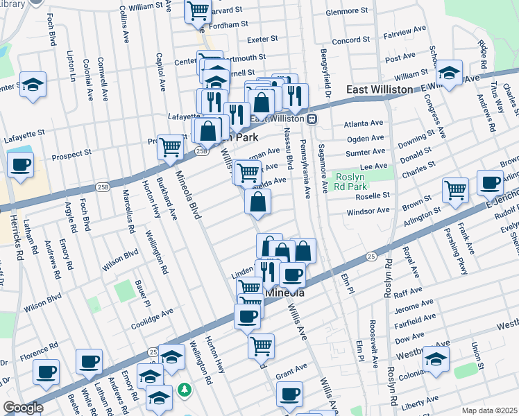 map of restaurants, bars, coffee shops, grocery stores, and more near 124 Mc Clellan Avenue in Mineola