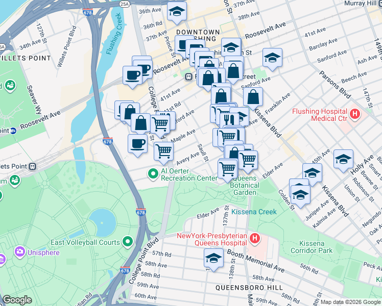 map of restaurants, bars, coffee shops, grocery stores, and more near 132-71 Avery Avenue in Queens