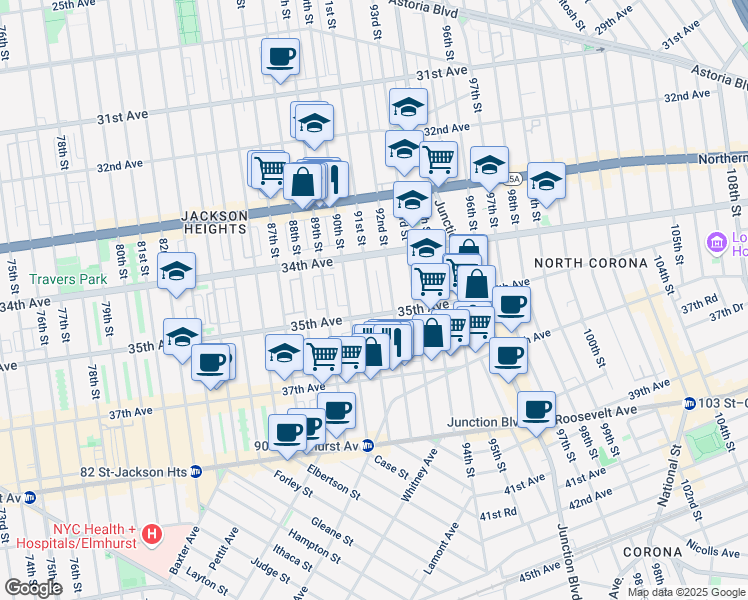 map of restaurants, bars, coffee shops, grocery stores, and more near 34-31 91st Street in Queens