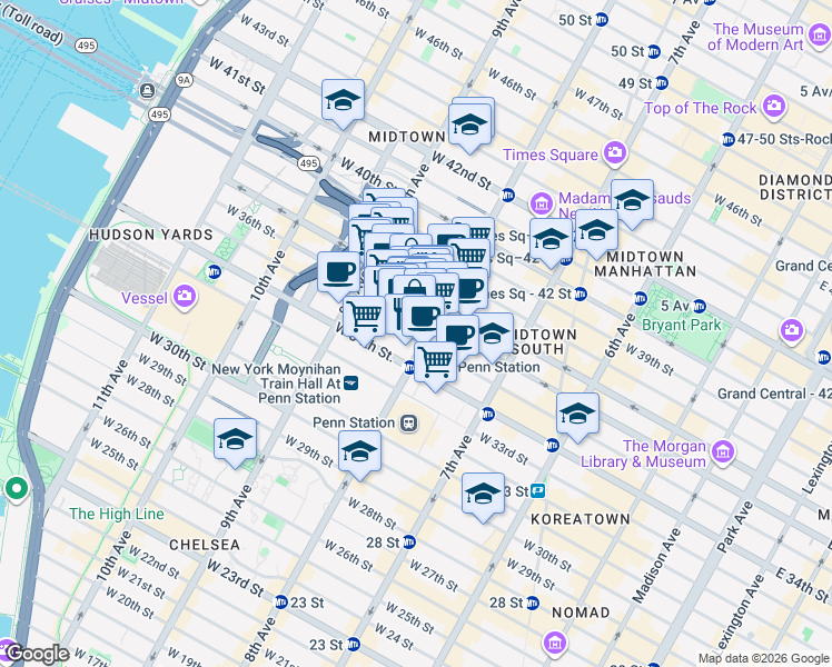 map of restaurants, bars, coffee shops, grocery stores, and more near 334 West 36th Street in New York
