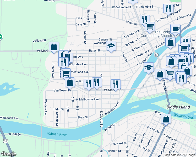 map of restaurants, bars, coffee shops, grocery stores, and more near 517 North Cicott Street in Logansport