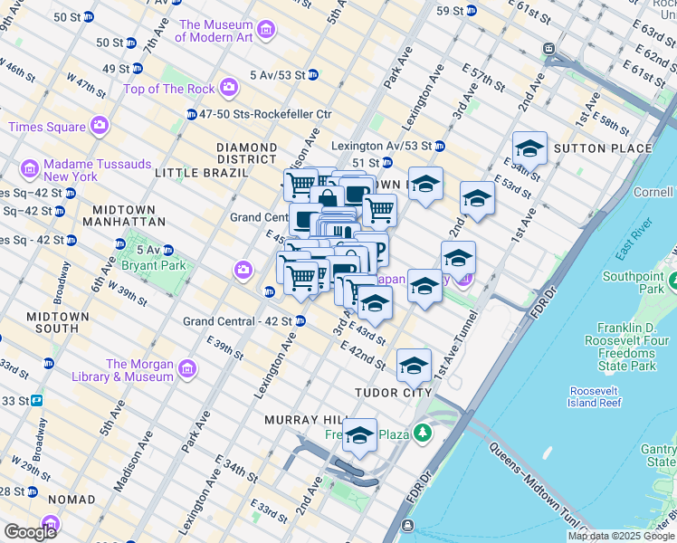 map of restaurants, bars, coffee shops, grocery stores, and more near 133 East 45th Street in New York