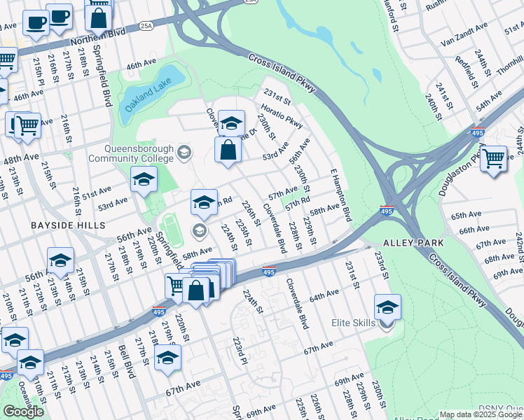 map of restaurants, bars, coffee shops, grocery stores, and more near 57-12 Cloverdale Boulevard in Queens