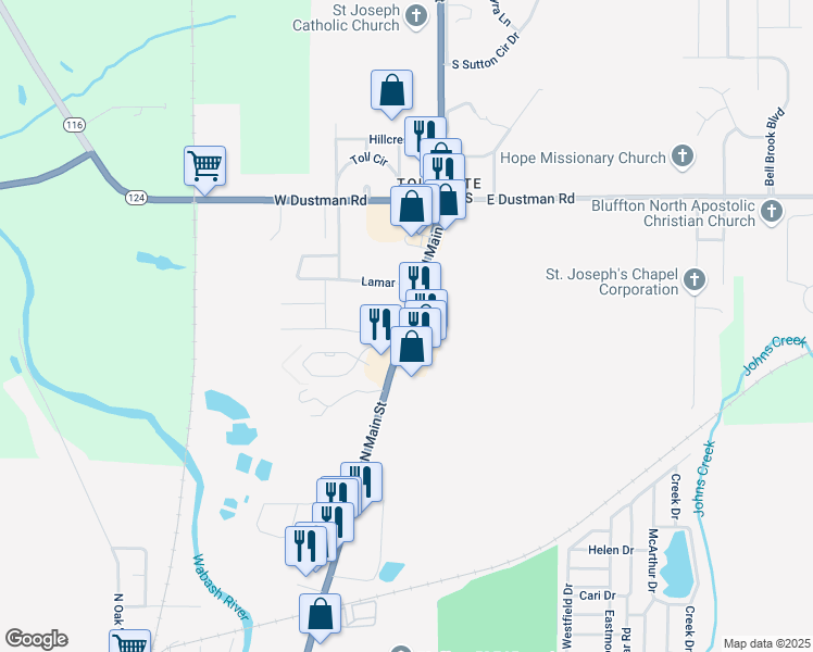 map of restaurants, bars, coffee shops, grocery stores, and more near 860 N Main St in Bluffton