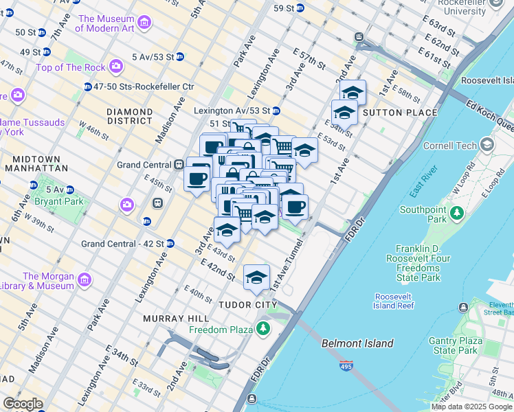 map of restaurants, bars, coffee shops, grocery stores, and more near 240 East 47th Street in New York