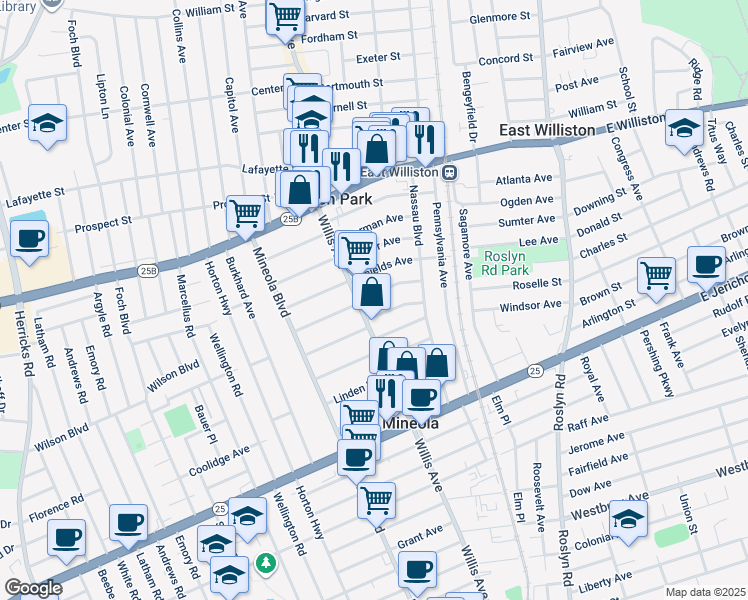 map of restaurants, bars, coffee shops, grocery stores, and more near 124 Mc Clellan Avenue in Mineola