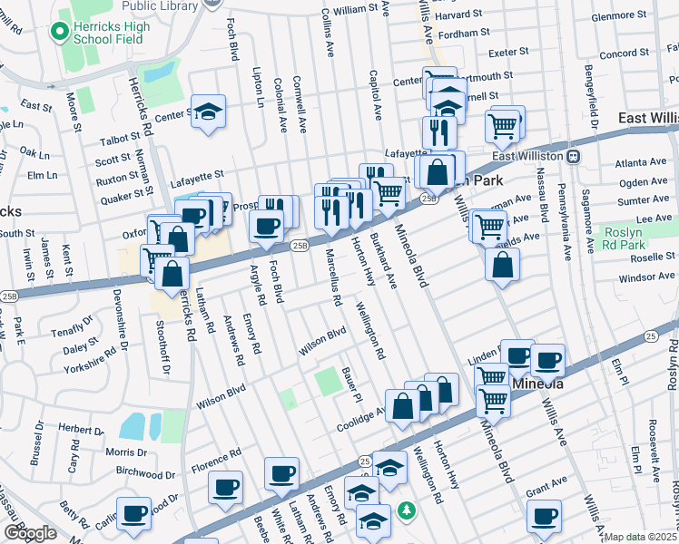 map of restaurants, bars, coffee shops, grocery stores, and more near 19 York Place in Williston Park
