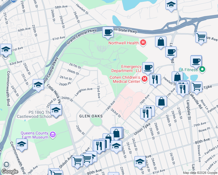 map of restaurants, bars, coffee shops, grocery stores, and more near 264-52 Langston Avenue in Queens