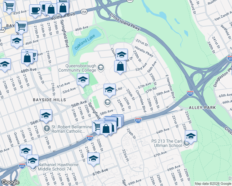 map of restaurants, bars, coffee shops, grocery stores, and more near 223-40 56th Road in Queens