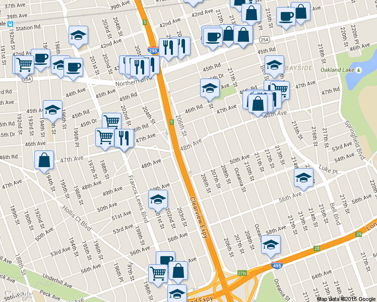 map of restaurants, bars, coffee shops, grocery stores, and more near 4804 206th Street in Queens