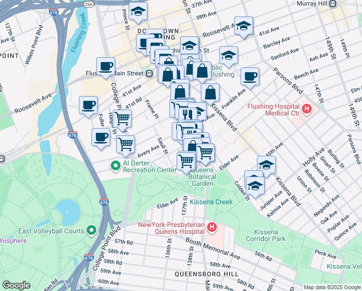 map of restaurants, bars, coffee shops, grocery stores, and more near 134-33 Blossom Avenue in Queens