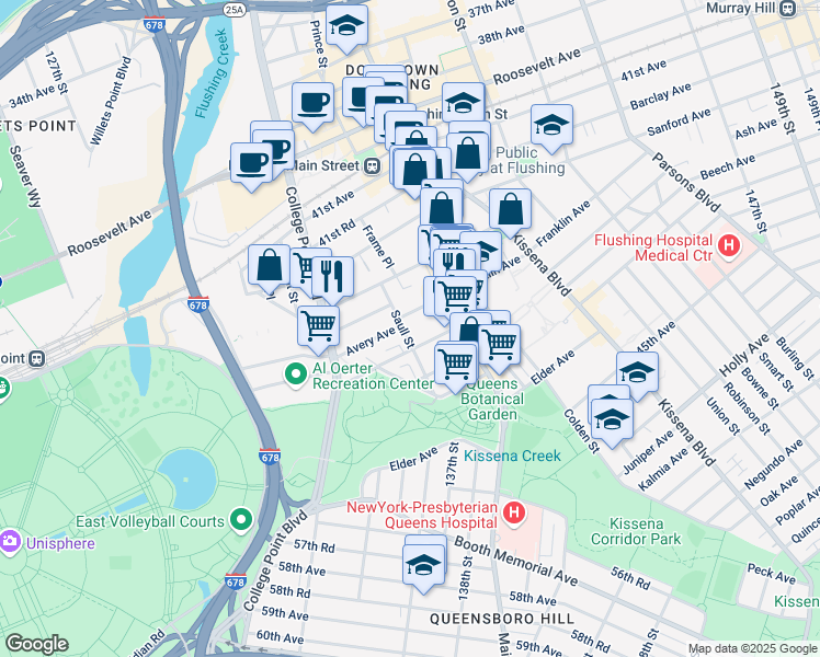 map of restaurants, bars, coffee shops, grocery stores, and more near 132-71 Avery Avenue in Queens
