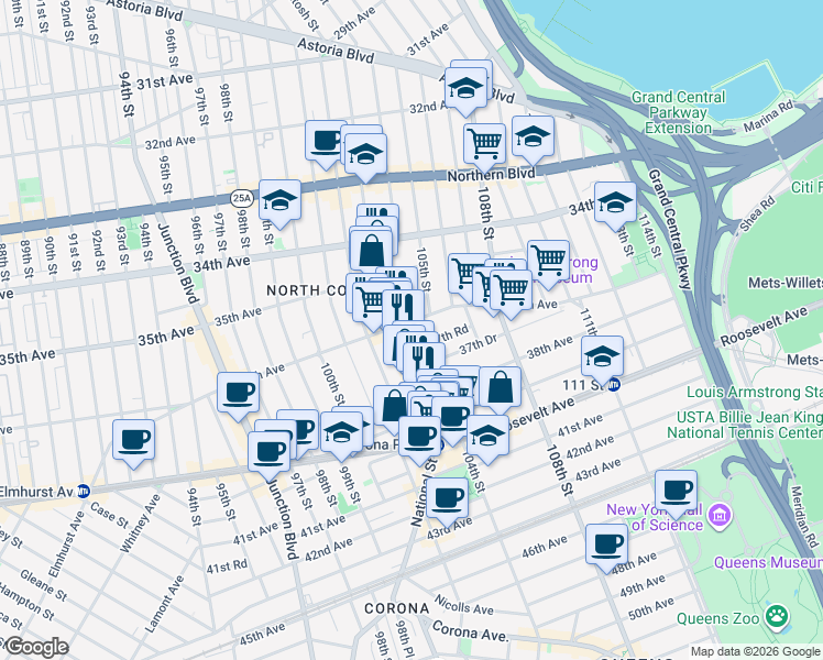 map of restaurants, bars, coffee shops, grocery stores, and more near 104-8 37th Avenue in Queens