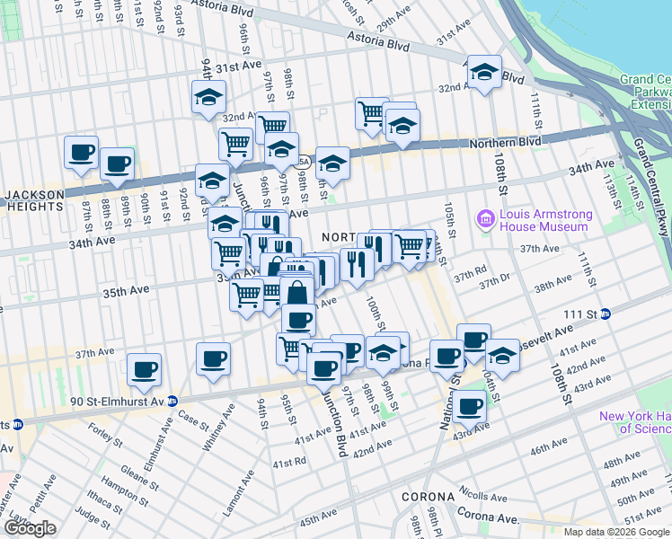 map of restaurants, bars, coffee shops, grocery stores, and more near 35-12 99th Street in Queens