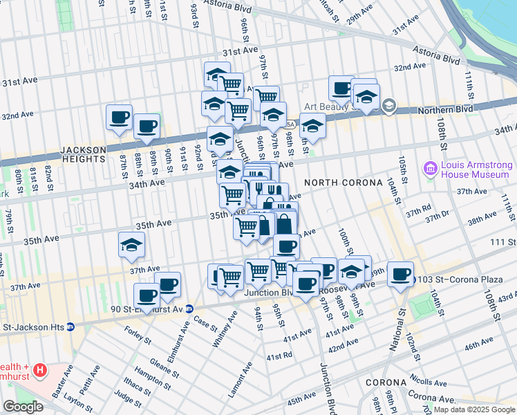 map of restaurants, bars, coffee shops, grocery stores, and more near 34-62 Junction Boulevard in Queens