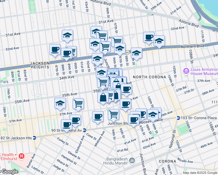 map of restaurants, bars, coffee shops, grocery stores, and more near in Queens