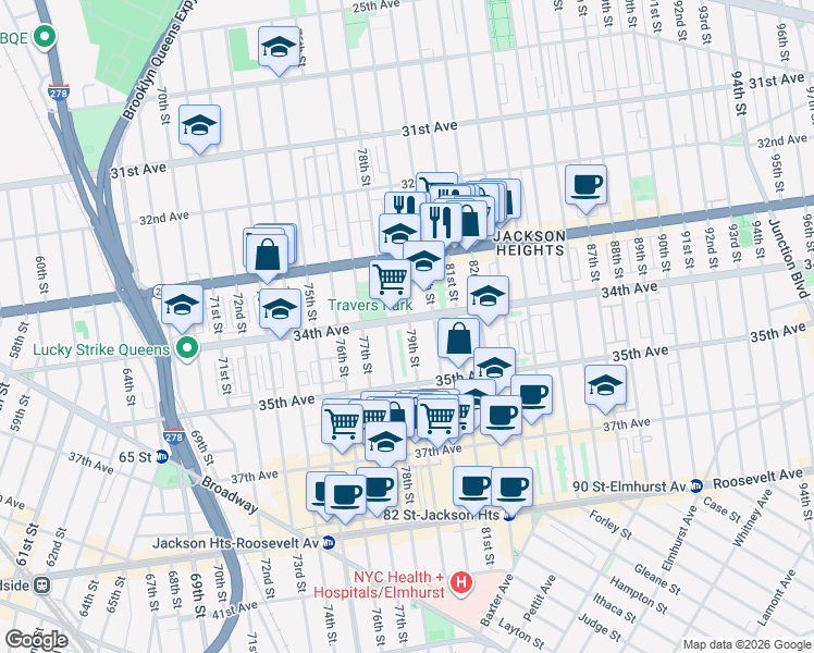 map of restaurants, bars, coffee shops, grocery stores, and more near 78-1 34th Avenue in Queens