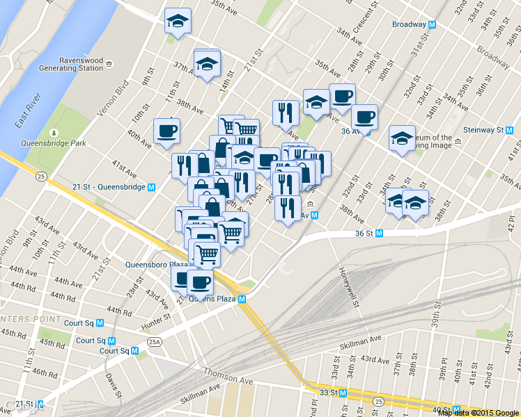 map of restaurants, bars, coffee shops, grocery stores, and more near 39-31 27th Street in Queens