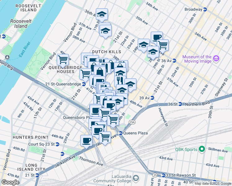 map of restaurants, bars, coffee shops, grocery stores, and more near 40-01 Crescent Street in Queens