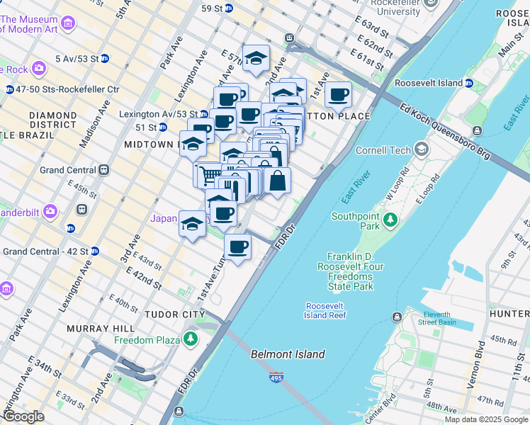 map of restaurants, bars, coffee shops, grocery stores, and more near 427 East 50th Street in New York